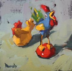 an oil painting of two chickens and one chicken holding something in its beaks, on a gray background