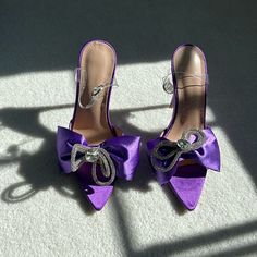 Never Worn, Nwot Purple Satin Stilettos With Rhinestone Bows And Clear Heel Strap. Purple Satin, Rhinestone Bow, Clear Heels, Strap Heels, Shoes Women Heels, Shoes Heels, Satin, Women Shoes, Heels