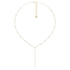 A elegant necklace with effortless appeal. This diamond station lariat necklace is a versatile piece that can be worn with an assortment of outfits. It has a Y-shaped chain adorned with prong-set diamonds that are evenly spaced for a clean look. The rounded upper part of the necklace features round and princess-cut diamonds while the linear drop that forms the Y tail has pear-cut diamonds. Elegant Lariat Drop Necklace With Single Strand, Elegant Single Strand Lariat Drop Necklace, Elegant Long Drop Single Strand Lariat Necklace, Elegant Long Drop Chain Necklace For Formal Occasions, Elegant Lariat Necklace For Formal Occasions, Elegant Lariat Drop Necklace With Chain, Dainty Lariat Backdrop Necklace For Formal Occasions, Luxury Long Drop Backdrop Necklace With Adjustable Chain, Elegant Diamond Lariat Necklace With Delicate Chain