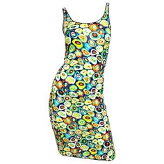 Fun vintage 90s GIANNI VERSACE colorful sushi novelty print bodcon sequin dress! Features vibrant colors of purple, yellow, green, turquoise, orange and white throughout. Purple sequins sporadically sewn around sushi throughout the dress. Simply slips over the head and stretches to fit. Great belted or alone. The picture Paloma Picasso black and gold leather belt is also featured in my 1stDibs Shop. Perfect for day or evening with wedges, sandals, heels or boots. In great condition. Made in Ital Dance Uniforms, Cocktail Dress Yellow, Versace Fashion, Versace Couture, Sequin Outfit, Disco Outfit, Embroidery Shop, Fashion Collage, 90s Dress