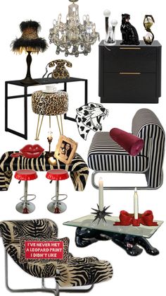 an assortment of animal print furniture and decor in black, white, red, and gold