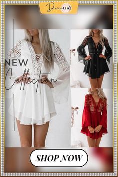 Spring Hollow Out White Women Dress Sexy Fashion V-neck Lace Up Mini Chiffon Flared Long Sleeves Crochet Lace Black Dress Lace Black Dress, White Women Dresses, Flare Long Sleeve, Lace Dress Black, Neck Lace, Women Dress, Crochet Lace, Black Dress