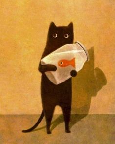 a black cat with a fish in it's mouth is holding a plastic bag