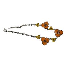 For Sale Is A Wt Stunning Necklace Featuring A Chain Link Design Adorned With Vibrant Yellow And Orange Flower-Shaped Pendants. Each Flower Is Intricately Detailed With Metallic Edges And Small Embellishments At Their Centers, Giving A Touch Of Elegance To Its Bold, Colorful, And Floral Motif. The Necklace Secures Easily With A Dependable Lobster Claw Clasp. Discounted Shipping!!! All Jewelry Items Come With A Mini Jewelry Polishing Cloth. And If It Did Have The Original Packaging You Will Get T Yellow Metal Necklace With Adjustable Chain, Yellow Metal Costume Jewelry Necklace, Orange Metal Necklace For Gift, Yellow Orange Flowers, Mini Jewelry, Link Design, Orange Flower, Source Unknown, Stunning Necklace