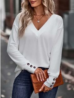 Autumn New White T Shirts Pullover Women Casual V Neck Long Sleeve Solid Tops Female Spring Thin Mini Robes, Sleeves Clothing, Loose Outfit, Simplicity Patterns, Button Top, Pullover Shirt, V Neck Tops, Long Tops