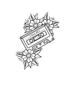 an old school tattoo design with flowers and a tape recorder on the back of it