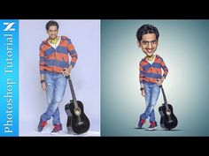 two pictures of the same man with different clothes and shoes, one is holding a guitar