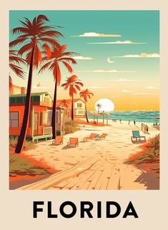 a vintage florida travel poster with palm trees and beach chairs on the sand at sunset