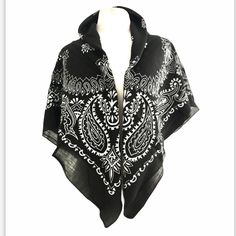 Nwt Oversized Bandana Scraf Wrap 40” X 40”. 100% Rayon. Brand New In Bag. Casual Black Bandana For Winter, Casual Black Winter Bandana, Black Bandana Print Headscarf, Black Cotton Casual Scarves, Casual Black Cotton Scarves, Casual Black Cotton Scarf, One Size Black Casual Shawl, Black Casual Shawl For Fall, Casual Black Shawl For Fall