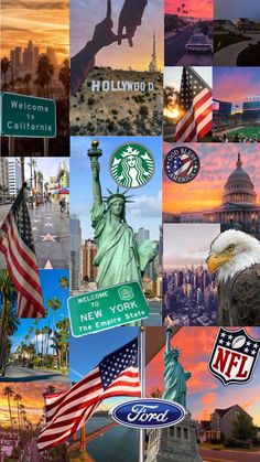 the collage has many pictures of different countries and their famous emblems on it