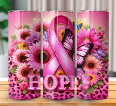 pink ribbon and butterflies on leopard print with the word hope in front of three vases