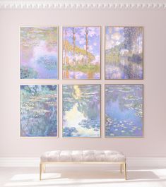 four paintings hang on the wall above a bench in front of a pink room with white walls