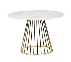 a white marble table with gold metal legs and a round top, on a white background