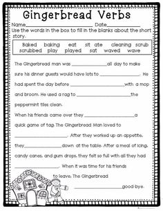 the gingerbread verbs worksheet is shown in black and white with text