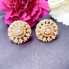 A pair of pearl earrings for women in gold plated silver, studded with freshwater pearls Weight: 12gms Diameter: 3cms 22k Gold Jewelry Necklaces, Jadau Jewellery, Woman In Gold, 22k Gold Jewelry, Pearl Necklace Set, Gold Jewelry Necklace, Stud Earrings For Women, Gold Bangle Bracelet, Indian Jewellery