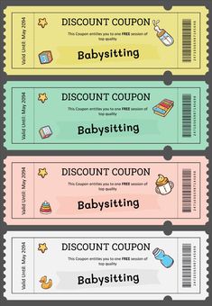 four coupons for babysitting are shown in three different colors and font styles