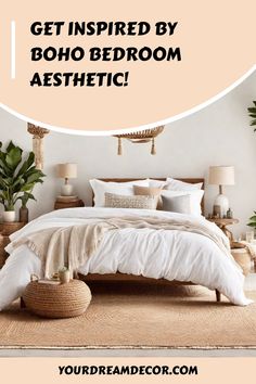 Boho-style bedroom with a cozy bed, earthy tones, plants, and wicker accents. Text: "Get inspired by Boho bedroom aesthetic!" Boho Master Bedrooms Decor, Earthy Paint Colors, Boho Bedroom Aesthetic, Boho Master, Boho Bedroom Inspirations, Bohemian Bedroom Inspiration, Bohemian Bedroom Design