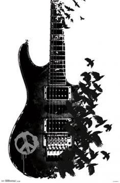 a black and white drawing of a guitar with peace sign on it's neck