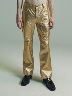 Gold Lamb Leather Flare Trousers. Lamb Leather Model wears Size Flare Trousers, Lifestyle Shop, Scandinavian Style, Mens Trousers, Free Shopping, Style Guides, Style Icons, Casual Pants, Leather Pants