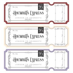 three harry potters express tickets with the words hogwart's express on them