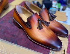 Tuccipolo mens classic italian calf skin handmade tassel tan carnel lo Loafer Shoes For Men, Handmade Boots, Leather Making, Gentleman Shoes, Italian Leather Shoes, Bespoke Shoes, Shoes Box, Handmade Leather Shoes, Shoes Custom