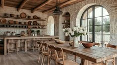 a rustic kitchen with an arched window and wooden table surrounded by chairs in front of it