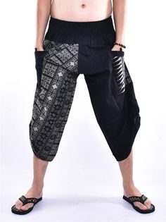 "Harem pants, Yoga pants, Wide leg pants, Trousers, Samurai pants Printed with Black Thai Pattern Design Printed Cotton Samurai pants with Side button is inspired Samurai and Ninja pants from Japan. Created and Designed for Everyone, Wide Leg Designed Easy to Movement, Easy to Wear and Comfy. The Pants is made of 100% Cotton and Printed with beautiful pattern design. The Pants made by Thai Craftsmanship, Attention and Neatness in sewing an item. Cotton Samurai pants has one Pocket in front for s Black Cotton Capris With Elastic Waistband, Black Relaxed Fit Wide Leg Capris, Black Wide Leg Relaxed Fit Capris, Casual Black Cotton Yoga Pants, Black Yoga Pants For Summer, Black Tapered Leg Cargo Pants For Summer, Summer Black Tapered Leg Cargo Pants, Black Summer Tapered Leg Cargo Pants, Black Relaxed Fit Ankle-length Capris