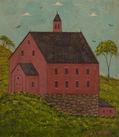 a painting of a red barn on a hill