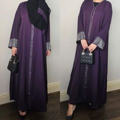 Purple open style abaya composed of high quality nidha material with a beautiful sheen. Stunning diamante work on the sleeves to add a touch of elegance and class. Great for parties, formal events, eid, ramadan, weddings and holidays. Looks great with a slip underneath or throw on top of jeans/trousers to give you the ultimate modest look. Available with a hijab. Exclusive to K.A.Y.collection.  Handwash only.  Abaya will be posted tracked via Royal mail. Please note - The diamante work is silver Purple Kaftan For Eid Wedding, Purple Maxi Length Kaftan For Eid, Eid Wedding Purple Kaftan, Purple Floor-length Abaya, Traditional Purple Abaya For Eid, Elegant Purple Maxi-length Abaya, Purple Long Sleeve Wedding Abaya, Formal Abaya For Eid, Elegant Long Purple Abaya