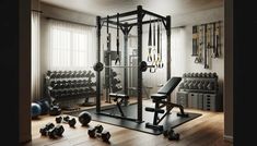 a home gym with exercise equipment in the middle of it and lots of dumbbells on the floor