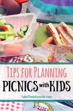 a picnic table with food on it and the words tips for planning picnics with kids