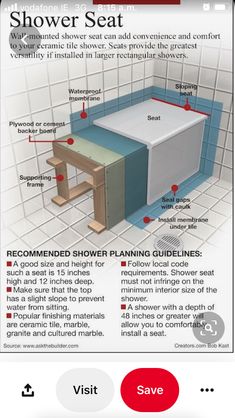 the bathroom shower seat is shown with instructions for how to install it and where to use it