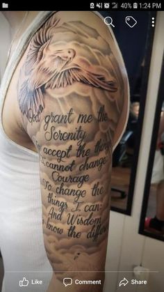 a person with a tattoo on their arm that says, great me the serenity accept the