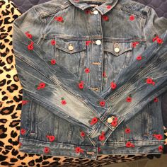 Woman Denim Jacket With Beautiful Red Flower Embroidery. Nwt Never Worn Embroidered Red Outerwear For Spring, Red Embroidered Outerwear For Spring, Denim Blue Long Sleeve Outerwear With Floral Embroidery, Long Sleeve Denim Blue Outerwear With Floral Embroidery, Red Outerwear With Floral Embroidery For Spring, Spring Red Outerwear With Floral Embroidery, Denim Blue Floral Embroidery Long Sleeve Outerwear, Red Floral Embroidered Outerwear For Spring, Spring Floral Embroidered Red Outerwear