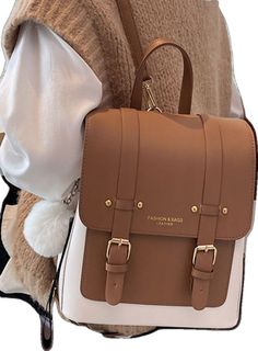 Rectangular Brown Student Bag, Brown Leather Backpack For Students, Brown Faux Leather Backpack, Brown Student Backpack With Adjustable Strap, Student Backpack With Adjustable Strap In Brown, Brown Large Capacity Satchel For Students, Large Capacity Brown Satchel For Students, Trendy Brown Leather Backpack With Zipper Closure, Brown Faux Leather Standard Backpack