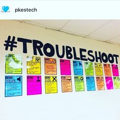 there is a sign on the wall that says troubleshot with many different colors and sizes