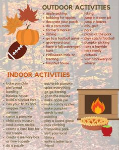 an outdoor activity list with autumn leaves, pumpkins and other things to do in the fall