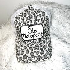 Sip Happens Distressed Trucker Hat-White Leopard Trendy White Adjustable Trucker Hat, Trendy Adjustable White Trucker Hat, White Adjustable Trendy Trucker Hat, White Trucker Hat For Spring, Adjustable White Mesh Hat, White Mesh Visor Hat, White Mesh Trucker Hat For Spring, Summer White Mesh Hats, Baseball Cap Ideas