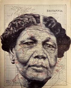 an old drawing of a woman's face with the words britain in red on it