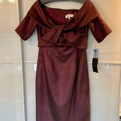 Brand New Teri Jon Evening Dress Size 6, Never Worn With Tags Dark Red Metallic Color, Fits At The Knee Festive Short Sleeve Evening Midi Dress, Festive Evening Midi Dress With Short Sleeves, Burgundy Sheath Dress For Formal Occasions, Burgundy Short Sleeve Evening Dress, Festive Burgundy Dress, Box Pleat Dress, Blue Drapes, Color Fits, Teri Jon