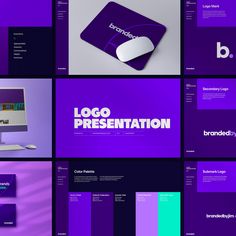 purple and blue presentation slideshow templates with business cards on the bottom right side