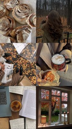 a collage of photos with food, books, and papers on the table in front of a window