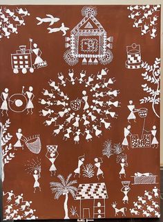 a brown and white painting with people, trees, houses and animals on it's sides