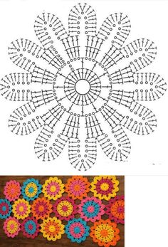 crocheted doily with flowers on the side and an image of two different designs