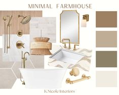 Minimal Farmhouse Mood Board Bohemian Mood Board, Farmhouse Mood Board, Minimal Farmhouse, Coastal Farmhouse Living Room, Farmhouse Bathroom Design, Gold Bathroom, Bathroom Design Luxury, Bathroom Spa, Mood Board Design