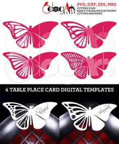 pink butterflies with the words 4 place card digital templates for laser cutting and embossing