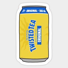 a can of twisted tea sticker with the words twisted tea in blue and yellow