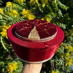 Medieval Theme, Classic Fez Imamah in Bordeaux Color This fez imamah is made according to the model of old Ottoman clothing inspired by the authentic costumes of the Ottoman Empire court over the previous centuries. A very unique idea to gift for the imam in your town's mosque, scholar or students in madrasahs or Quran Schools, for your friends, for your beloved ones, or for yourself. Also will be a good idea for a traditional wedding, medieval theme costume party, Cosplay Attractions, or alternative accessories for show business and animation. The fez imamah is made of satin fabric, narrow jacquard ribbon, and thread tassel. Size: - 55 cm ( 21 ½ inch ) Small Size - 56 cm ( 22 inches) Medium Size - 57 cm ( 22 ½ inch ) Large Size - 58 cm ( 23 inches) X Large Size - 59 cm (23 ½ inch) XXLarge Handmade Cap Costume Hats And Headpieces, Handmade Hats With Round Crown For Gifts, Traditional Red Cap Costume Headpiece, Traditional Hat With Curved Brim, Traditional Hat With Curved Brim As Gift, Traditional Red Hat With Round Crown, Handmade Ceremonial Costume Hat, Ceremonial Handmade Red Hat, Traditional Red Hat