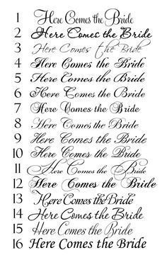 wedding calligraphy with the names and numbers for each bride's name, which is written