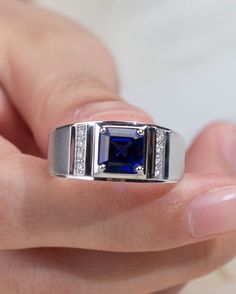 Emerald Cut Sapphire Ring, Wedding Minimalist, September Birthstone Ring, Sterling Silver Mens Rings, Blue Sapphire Ring, Mens Silver Rings, Engagement Rings For Men, Unisex Ring, September Birthstone